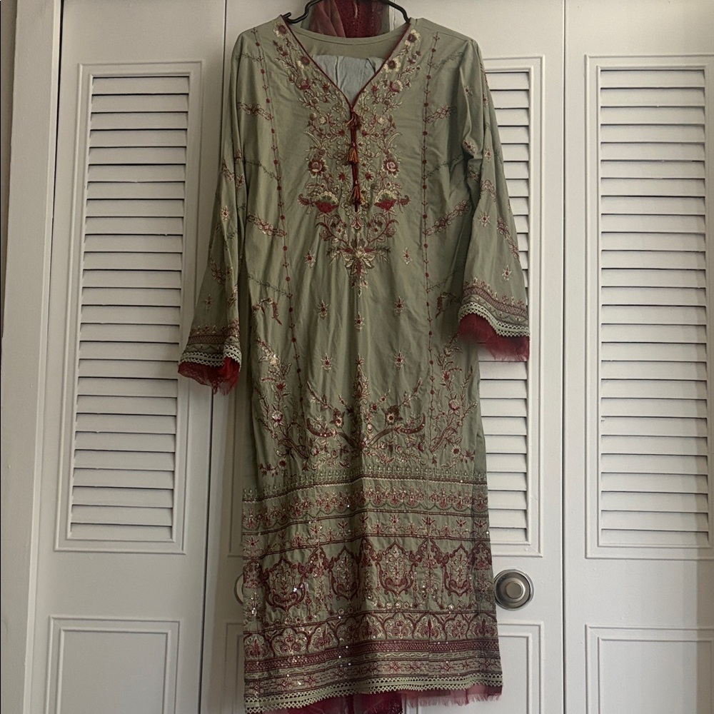 Embroidered Sage Green Women's Dress with Red Accents